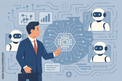 Businessman interacting with AI agents interface for automation, data processing, and digital transformation. Artificial intelligence, innovation, and technology concept.