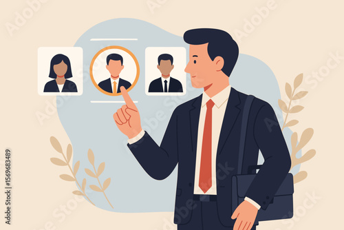 Businessman selects candidate profile on virtual screen for recruitment. Human resources manager hiring new employee. Talent acquisition and job vacancy search concept vector.