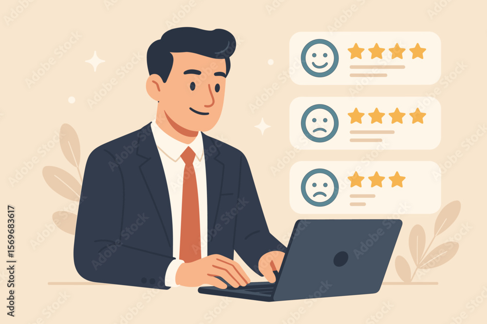 Businessman using laptop for customer review and satisfaction survey. Concept of feedback, star rating system, online evaluation, digital marketing, and brand reputation. Businessman using laptop for customer review and satisfaction survey. Concept of feedback, star rating system, online evaluation, digital marketing, and brand reputation.
