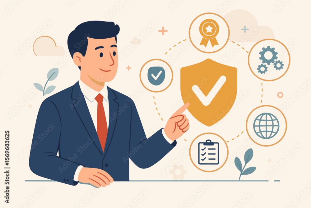 Businessman in suit pointing at quality assurance icons, guarantee shield, ISO certification, standards, service excellence, quality management, checklist, global standardization Businessman in suit pointing at quality assurance icons, guarantee shield, ISO certification, standards, service excellence, quality management, checklist, global standardization