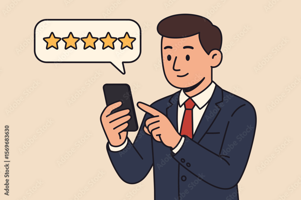 Businessman in suit using smartphone to give five star rating. Customer satisfaction, online review, user feedback, reputation management, digital experience, service quality Businessman in suit using smartphone to give five star rating. Customer satisfaction, online review, user feedback, reputation management, digital experience, service quality