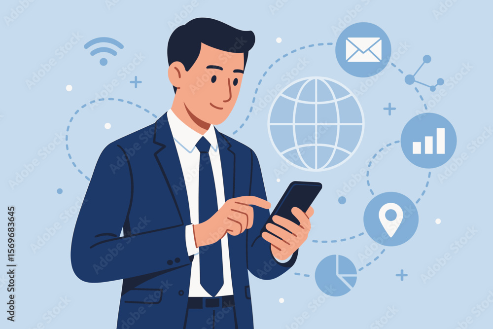 Businessman using mobile phone for global business connection. Concept for digital marketing, financial banking technology, data analytics, communication and internet application. Businessman using mobile phone for global business connection. Concept for digital marketing, financial banking technology, data analytics, communication and internet application.