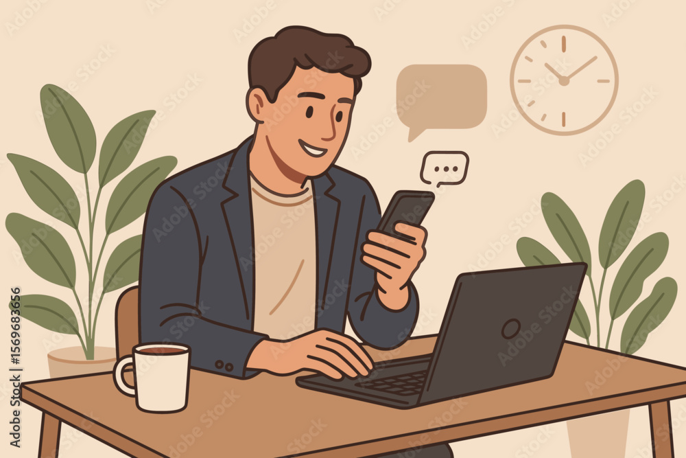 Casual businessman working at desk using mobile phone and laptop, multitasking, online communication, digital chat, workplace productivity, internet research, planning ideas Casual businessman working at desk using mobile phone and laptop, multitasking, online communication, digital chat, workplace productivity, internet research, planning ideas