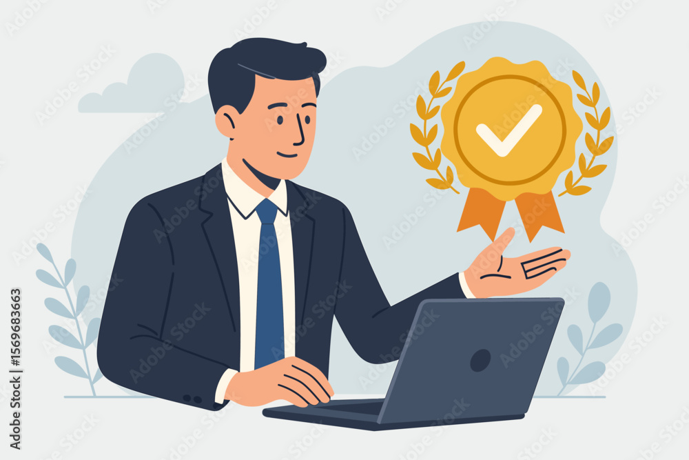 Businessman at Laptop Presenting Quality Assurance Badge, Guarantee, ISO Certification, Service Excellence, Standards Compliance, Modern Flat Vector Illustration Businessman at Laptop Presenting Quality Assurance Badge, Guarantee, ISO Certification, Service Excellence, Standards Compliance, Modern Flat Vector Illustration