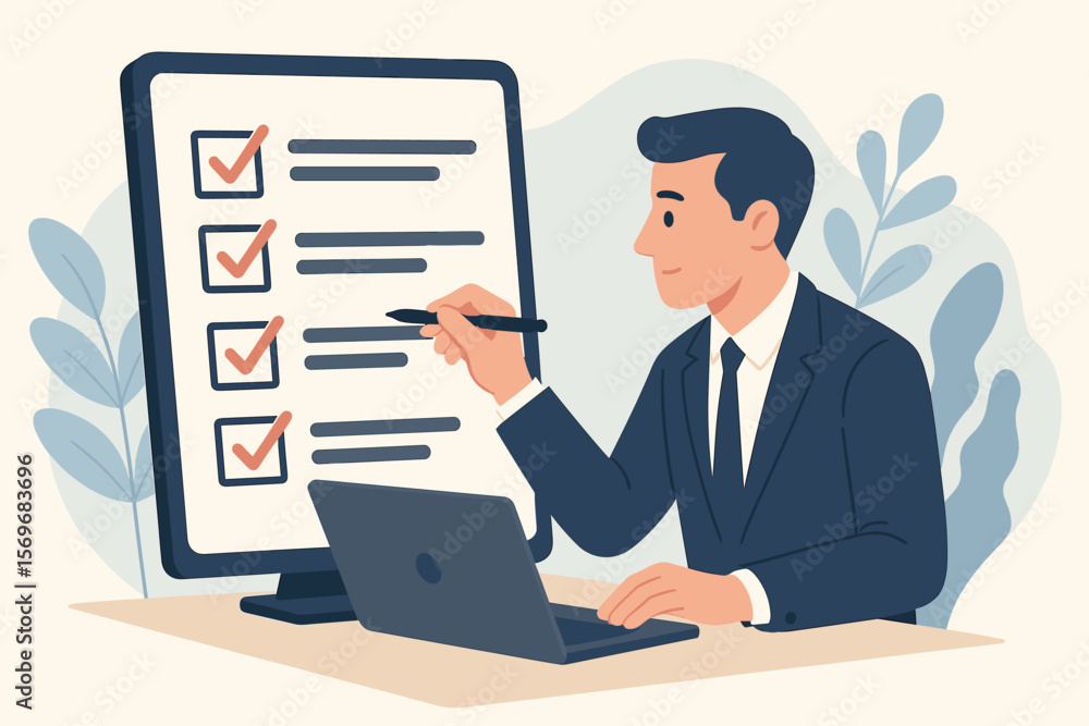 Businessman Completing Online Checklist, Assessment, Survey, Evaluation or Questionnaire on Computer, Filling Form, Choosing Correct Answers, Digital Exam Concept Illustration Businessman Completing Online Checklist, Assessment, Survey, Evaluation or Questionnaire on Computer, Filling Form, Choosing Correct Answers, Digital Exam Concept Illustration