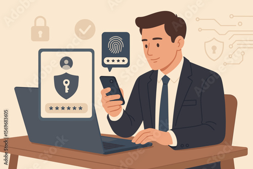 Businessman using 2FA two-factor authentication for secure system access. Cybersecurity concept with password on laptop and fingerprint verification on phone for data protection.