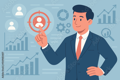 Marketing strategy concept with businessman targeting customers on digital interface. CRM, data analytics, customer segmentation for business growth and success. Vector illustration.
