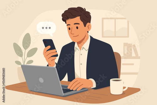 Businessman multitasking at office desk using smartphone and laptop, mobile chat communication, remote work, online planning, internet research, workplace productivity concept