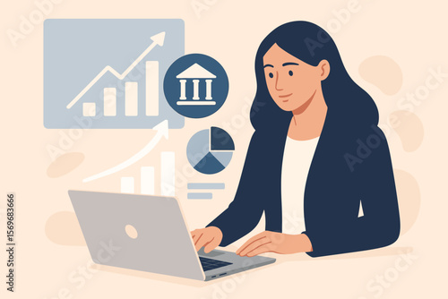 Businesswoman using laptop analyzing financial data, banking technology, business growth, bar chart, pie chart, statistics, digital finance, modern office vector illustration