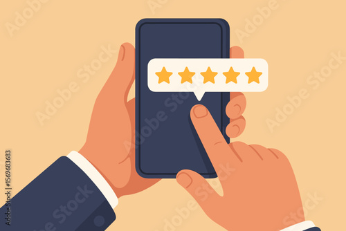 Customer Feedback Five Star Rating on Smartphone. Hand Giving Review. Service Satisfaction Survey. User Experience Evaluation. Mobile App Quality. Business Reputation Concept