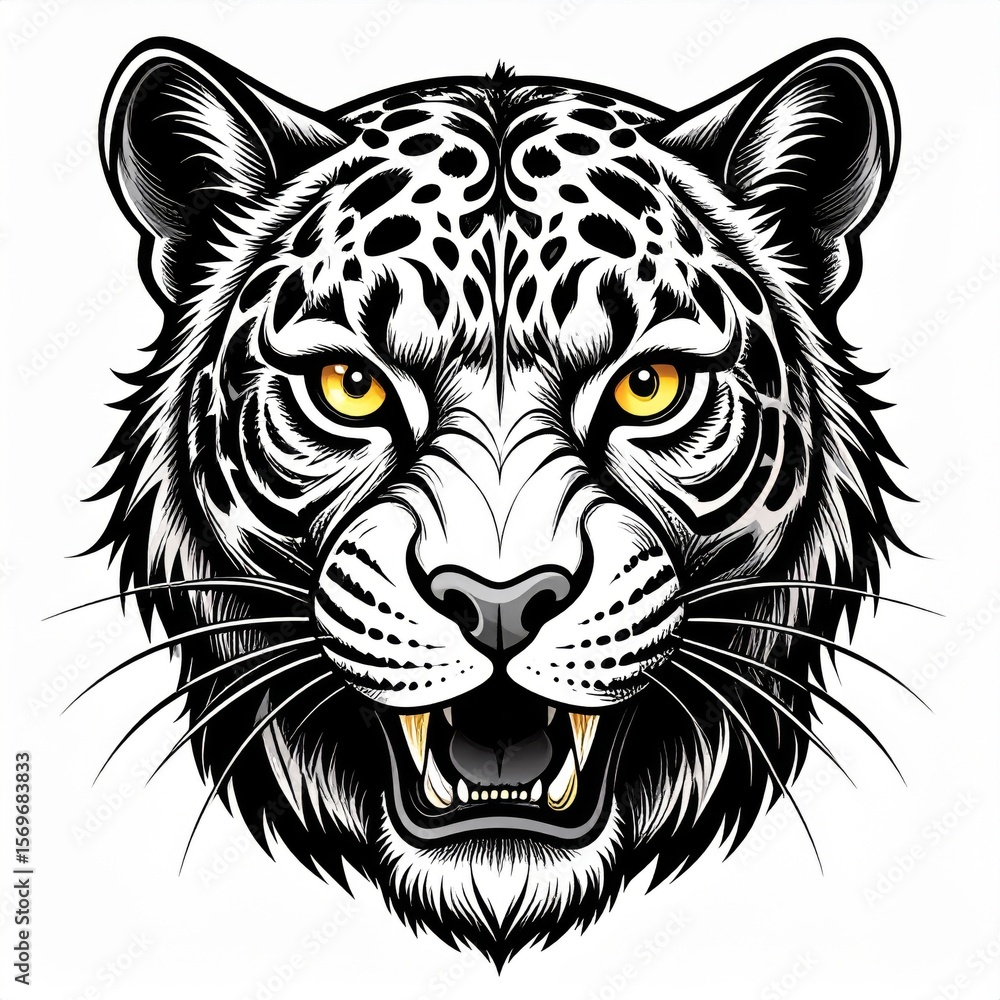 Fototapeta premium Roaring Snow Leopard Head Portrait, Black and White Illustration