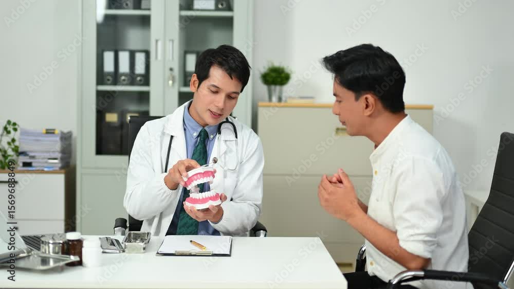 A professional dentist uses a detailed dental model to educate a patient about teeth care and oral health in a bright clinic setting, illustrating hygiene A professional dentist uses a detailed dental model to educate a patient about teeth care and oral health in a bright clinic setting, illustrating hygiene
