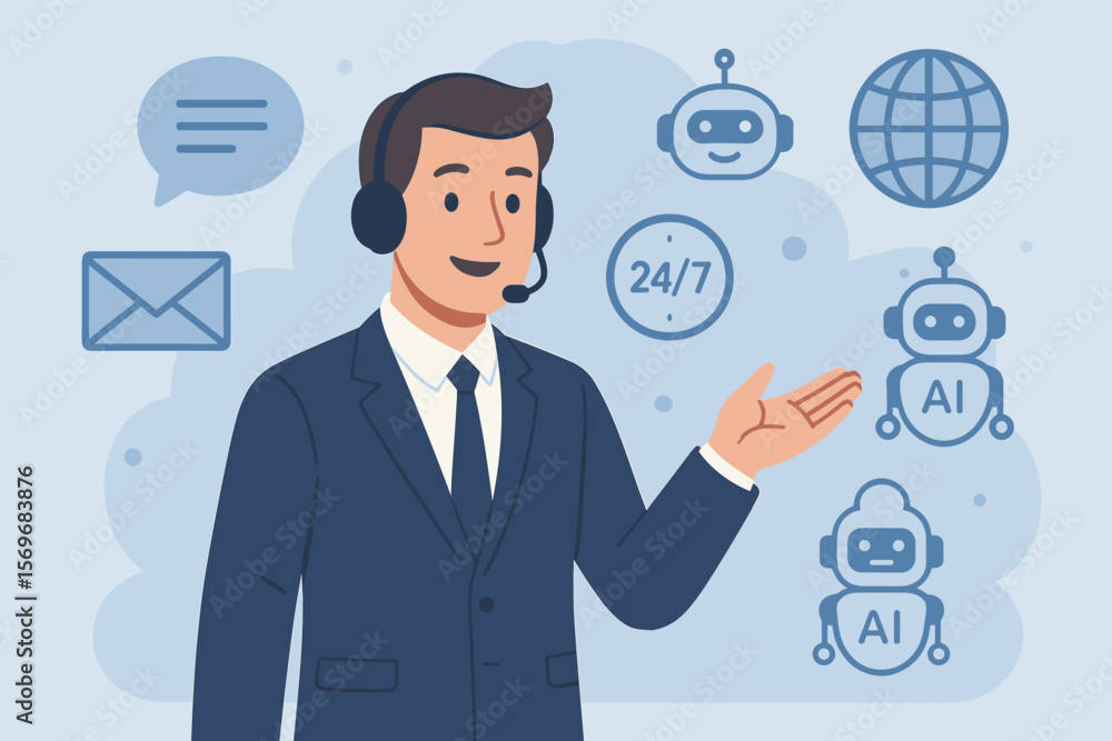 Businessman with Headset Offering 24/7 AI Customer Support, Digital Helpdesk, Online Assistance, Global Communication, Email, Chatbot Service, Contact Us Concept Vector Businessman with Headset Offering 24/7 AI Customer Support, Digital Helpdesk, Online Assistance, Global Communication, Email, Chatbot Service, Contact Us Concept Vector