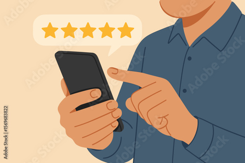 Five star customer review concept. Close up hand using smartphone for positive feedback, satisfaction rating, online service experience, quality evaluation, digital testimonial, user opinion