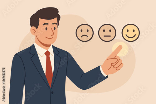 Customer satisfaction survey concept. Businessman in suit selecting happy smiley face on virtual rating scale. Service feedback, positive review, quality evaluation, user experience