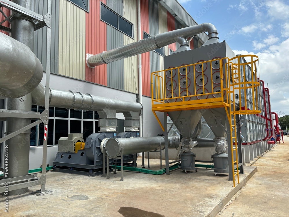 Fototapeta premium Industrial dust collector system and blower fans installed outside factory for air filtration and ventilation efficiency
