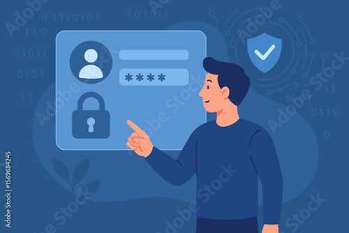 Cybersecurity login authentication concept. User entering secure username and password. Digital interface access control. Identity verification, data protection, privacy, padlock icon