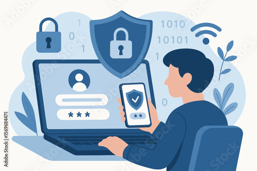 Cybersecurity two-factor authentication 2FA login concept. User entering password on laptop, secure verification with mobile device, online privacy, data protection, secure access
