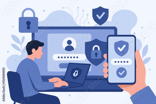 Cybersecurity two-factor authentication 2FA concept. User login on laptop with secure mobile verification. Online privacy, data protection, password safety, digital identity access