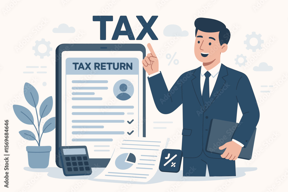 Online Tax Return Filing Concept with Businessman, Electronic Income Tax Form, Payment, Government State Taxes, Financial Data Analysis, Paperwork, Digital Accounting Tools Online Tax Return Filing Concept with Businessman, Electronic Income Tax Form, Payment, Government State Taxes, Financial Data Analysis, Paperwork, Digital Accounting Tools