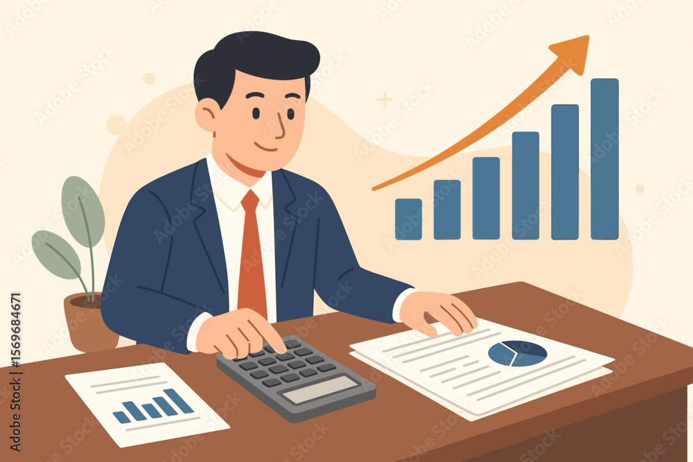 Businessman Analyzing Financial Growth with Calculator and Bar Chart, Revenue Increase, Accounting Report, Finance Success, Data Analysis, Office Desk, Economic Progress Concept Businessman Analyzing Financial Growth with Calculator and Bar Chart, Revenue Increase, Accounting Report, Finance Success, Data Analysis, Office Desk, Economic Progress Concept