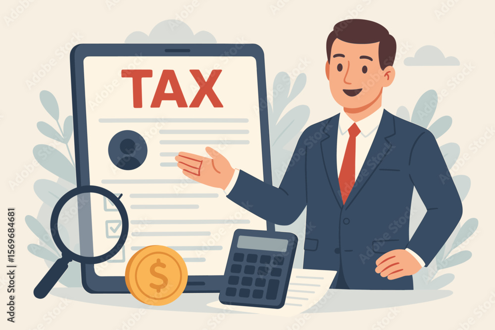 Online Tax Filing Concept with Businessman Presenting Individual Income Tax Return Form, Digital Tax Payment, Financial Analysis, Government State Taxes, Calculator, Paperwork, Audit Online Tax Filing Concept with Businessman Presenting Individual Income Tax Return Form, Digital Tax Payment, Financial Analysis, Government State Taxes, Calculator, Paperwork, Audit