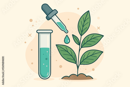 Biotechnology research concept with dropper and test tube adding chemical to herbal plant. Natural extracts, plant science, laboratory experiment, modern flat vector illustration