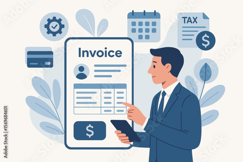 E-invoice digital statement concept. Businessman managing online invoice, financial billing, payment processing, tax management, scheduling, modern finance technology