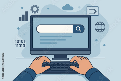Search engine optimization technology concept. Man typing on computer keyboard for online information search. Modern flat vector cartoon illustration with data, internet, digital analytics.