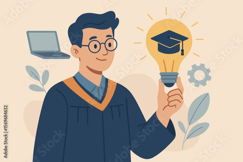 E-learning graduate certificate program concept. Male student in academic gown holding lightbulb with graduation cap. Online education, creative thinking, internet course degree