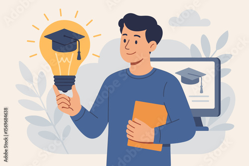 E-learning graduate certificate program concept. Man holding lightbulb with graduation cap. Online education, internet course, creative thinking, study knowledge, digital degree.