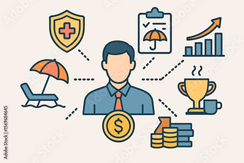 Employee Benefits and Compensation Strategy Concept. Icons for Healthcare, Insurance, Paid Vacation, Financial Perks, Workplace Rewards, Career Growth, Salary, Wellness, Incentives