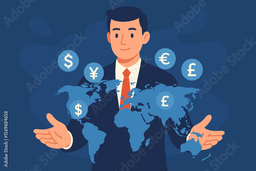 Global currency exchange concept, businessman in suit presenting virtual world map with dollar, yen, yuan, euro, pound symbols, international finance, forex trading, global business