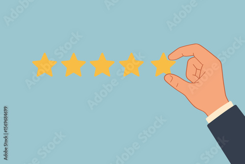 Customer hand adding fifth star to complete five star rating. Service quality, satisfaction, feedback, review, evaluation, client experience, business success concept illustration