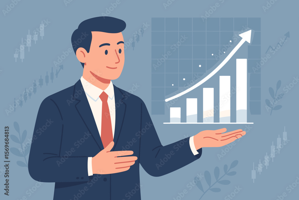 Businessman Presenting Financial Growth Chart, Investment Strategy, Stock Market Success, Economic Progress, Bar Graph, Profit Increase, Corporate Planning Concept Businessman Presenting Financial Growth Chart, Investment Strategy, Stock Market Success, Economic Progress, Bar Graph, Profit Increase, Corporate Planning Concept