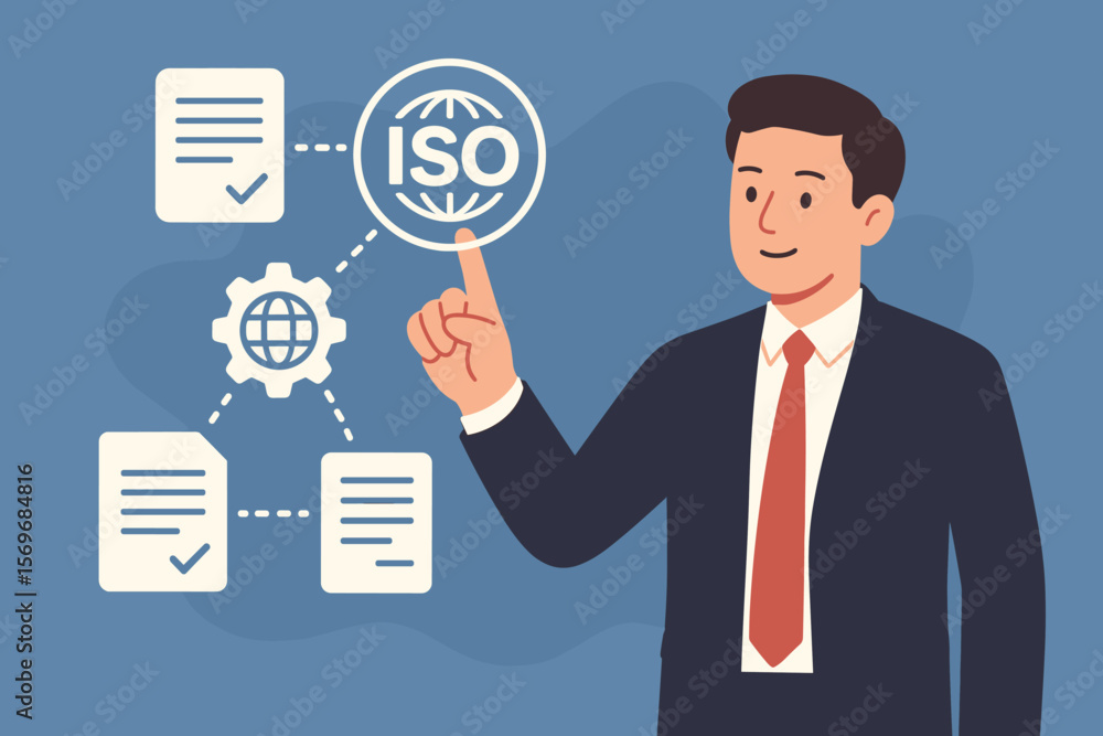 ISO Certification Quality Management System Concept with Businessman Touching Global Interface, Document Icons, Compliance, Auditing, Standards, Enterprise Process Control ISO Certification Quality Management System Concept with Businessman Touching Global Interface, Document Icons, Compliance, Auditing, Standards, Enterprise Process Control