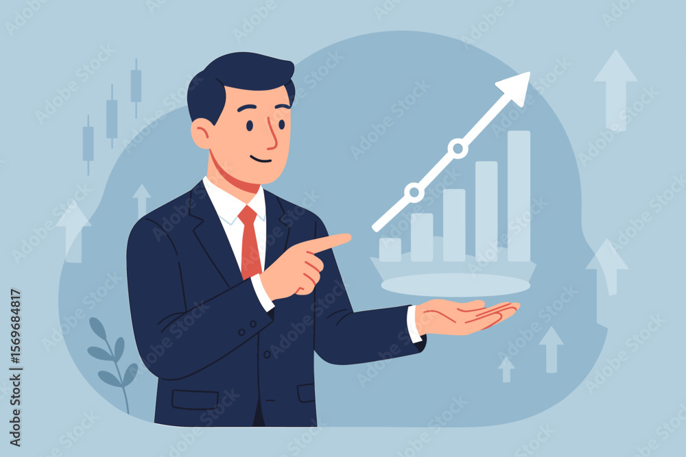 Businessman presenting investment strategy, stock market analysis, financial growth, success progress, upward bar chart, virtual hologram, economic planning, profit increase Businessman presenting investment strategy, stock market analysis, financial growth, success progress, upward bar chart, virtual hologram, economic planning, profit increase
