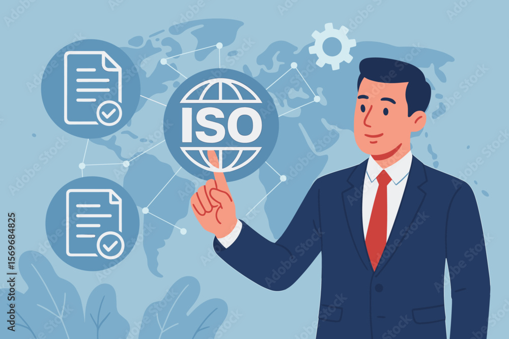 ISO Certification Quality Management Concept with Businessman Touching Global Interface, Compliance Documents, Audit, Standardization, International Standards, Corporate Process ISO Certification Quality Management Concept with Businessman Touching Global Interface, Compliance Documents, Audit, Standardization, International Standards, Corporate Process