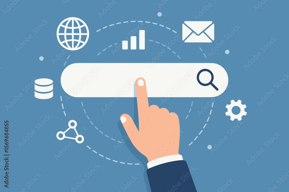 Hand Touching Search Bar for SEO, Internet Data Search, Online Information, Network Database, Web Optimization, Digital Connection, Search Engine Interface Concept Hand Touching Search Bar for SEO, Internet Data Search, Online Information, Network Database, Web Optimization, Digital Connection, Search Engine Interface Concept