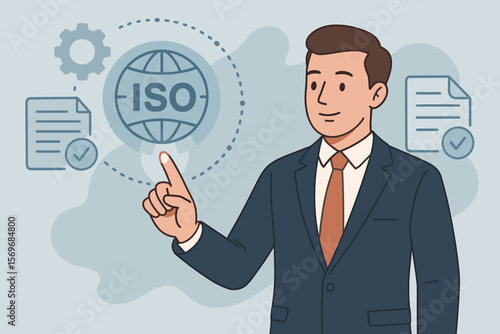 ISO certification quality management concept with businessman in suit touching global interface, compliance audit, document approval, standardization, enterprise process control