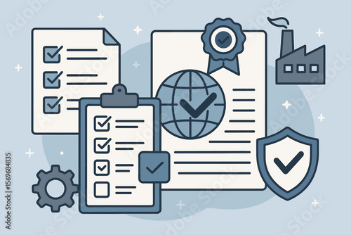 ISO Certification and Quality Assurance Concept with Digital Documents, Compliance Checklist, Manufacturing Standards, International Business, Factory, Security, Global Approval
