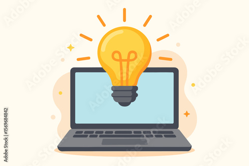 Creative innovation and online learning concept with bright light bulb on laptop computer. Inspiration, self-education, business knowledge, digital technology, e-learning idea