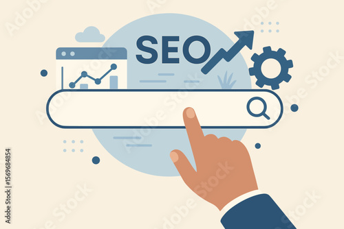 SEO search engine optimization concept with hand touching search bar, analytics graph, upward arrow, gear, internet connection, digital marketing, website ranking, data analysis