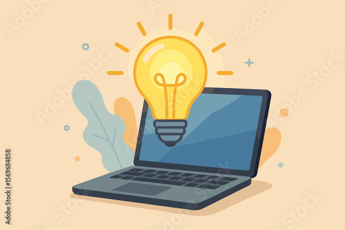 Creative online inspiration concept. Glowing light bulb above laptop computer. Innovation, digital idea, self learning, e-learning, education, business knowledge, technology, brainstorming.