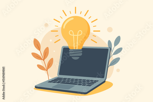 Creative idea inspiration concept with glowing light bulb and laptop computer. Online technology innovation, self learning, business education, digital knowledge, e-learning symbol