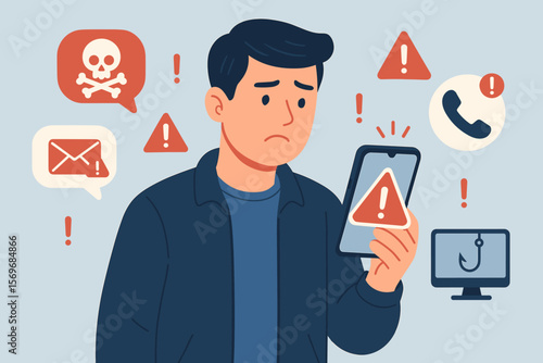 Man holding smartphone with warning alerts, cyber threat, phishing, scam messages, suspicious calls, online security risks, malware, hacking, identity theft, digital fraud concept