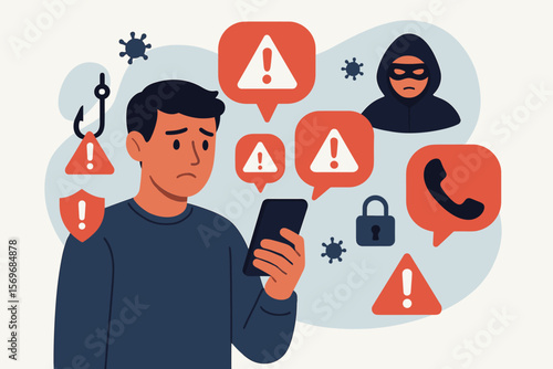 Man holding smartphone surrounded by cyber threat warning alerts, phishing scam messages, suspicious calls, hacker, online security risks, data protection, mobile safety concept