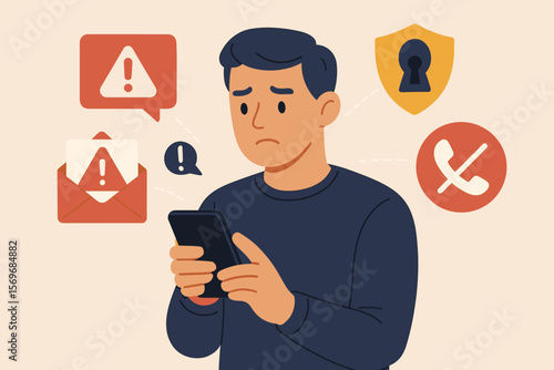 Man holding smartphone with warning alerts. Cyber threat, phishing, scam messages, suspicious calls, online security risk, mobile privacy, internet safety, data protection concept