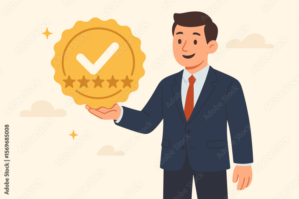 Businessman holding five star rating badge with checkmark. Quality assurance, customer satisfaction, product review, service excellence, trust, business success concept illustration Businessman holding five star rating badge with checkmark. Quality assurance, customer satisfaction, product review, service excellence, trust, business success concept illustration