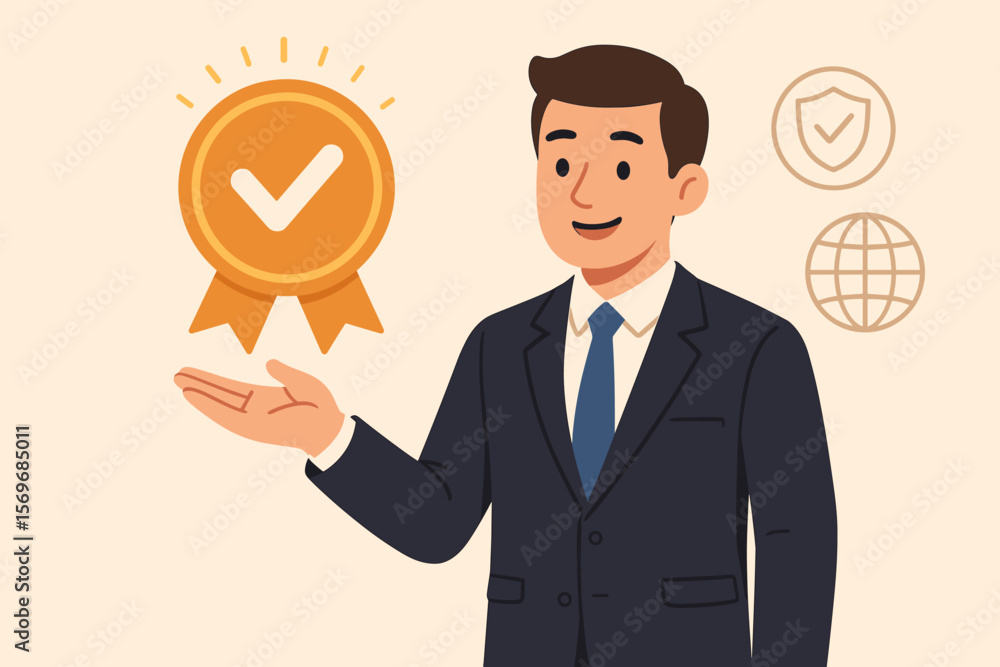 Businessman in suit presenting quality assurance badge with check mark, certification, trust, guarantee, verified service, reliability, secure brand, high standard, global business Businessman in suit presenting quality assurance badge with check mark, certification, trust, guarantee, verified service, reliability, secure brand, high standard, global business